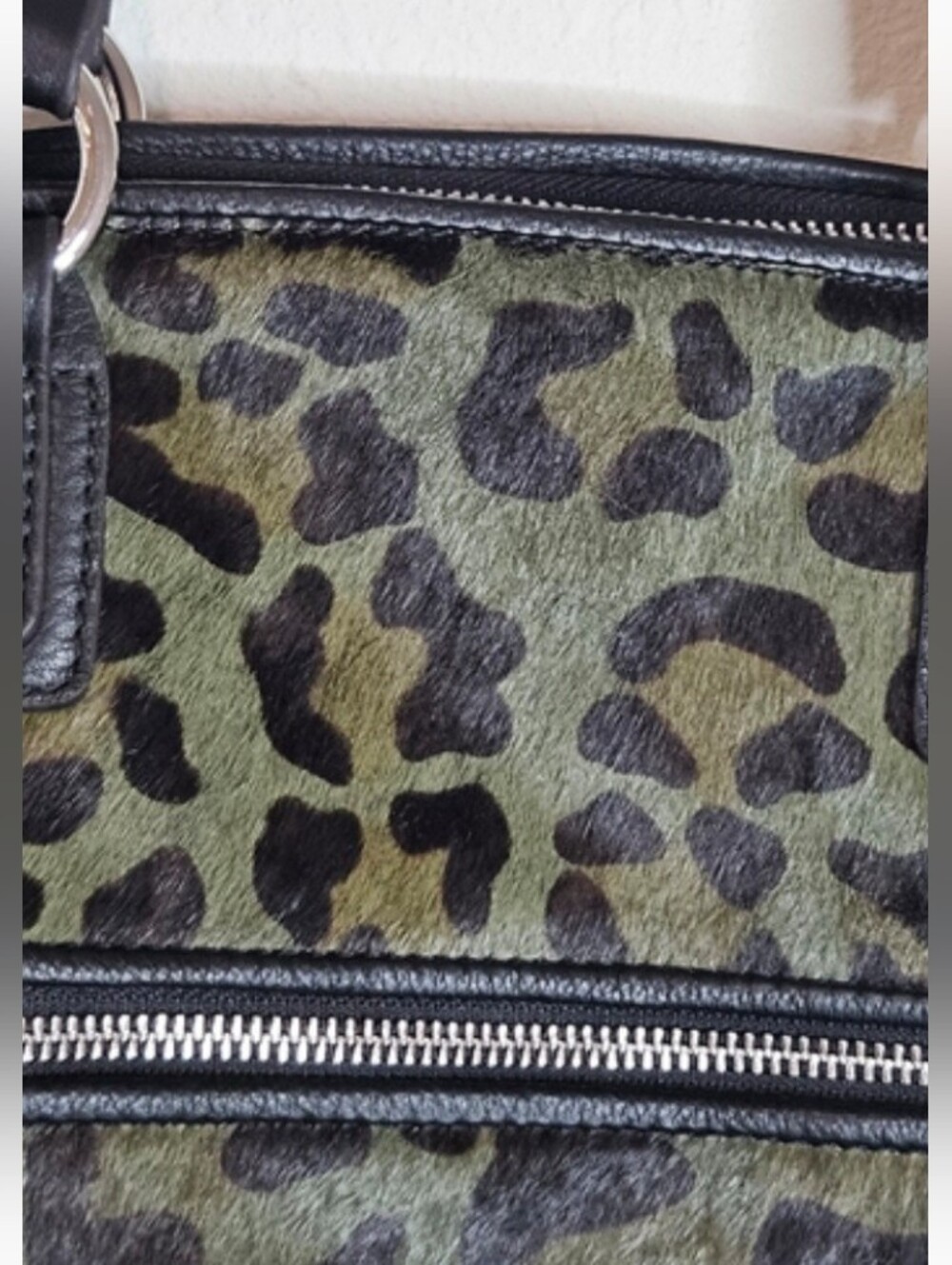 Aimee Kestenberg LUCY Olive Leopard Print Satchel w/ Black Trim, Silver Hardware - Picture 3 of 12